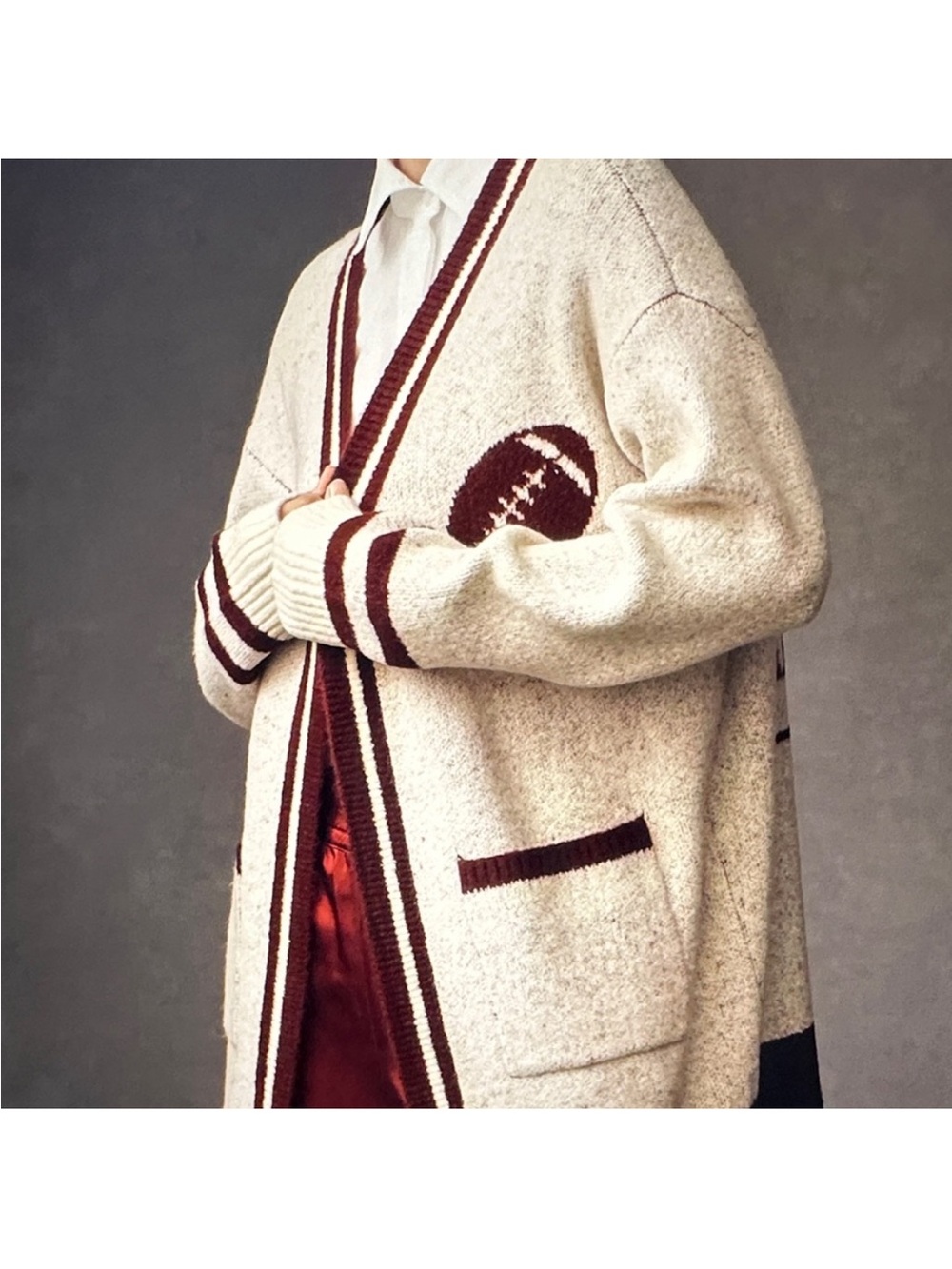 Anthropologie Cream Cardigan with Burgundy Trim and Football Patch